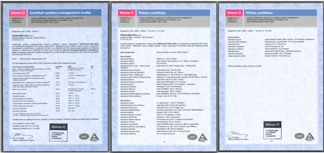 Společnost FRISCHBETON s.r.o. opakovaně získala certifikát systému managementu kvality podle ČSN EN ISO 9001:2016